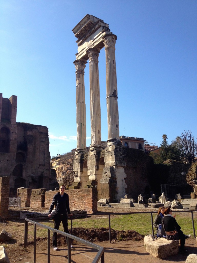 These three columns are all that remain of the Temple of Castor and Pollux, which was built in the fifth century B.C. to commemorate a Roman victory.