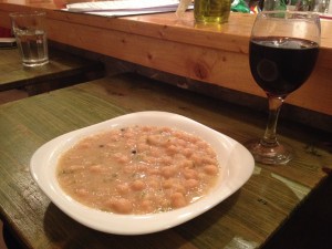 Garbanzo bean soup. Check out that huge wine pour - just $2 for a glass of wine that comes laughably full!