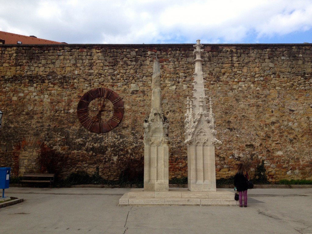 Why you should not use limestone for building churches in a cold climate. The spire on the left is made of limestone and was worn down from years of harsh winters in Zagreb.