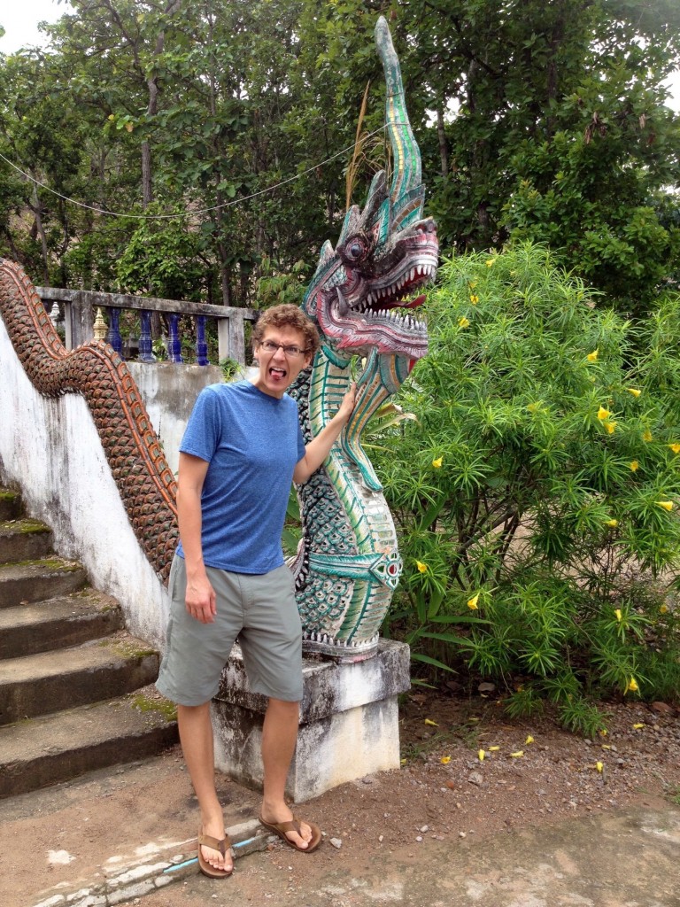 Kevin’s best dragon face yet (I think he nailed it) at the Temple on the Hill in Pai, Thailand.