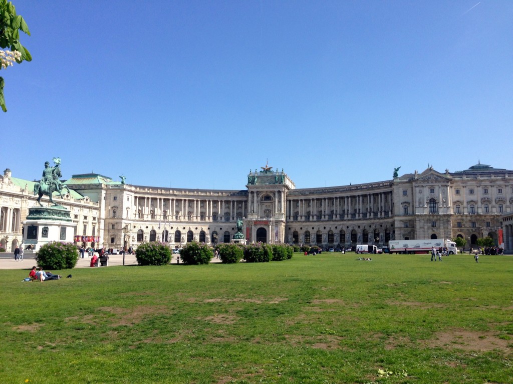 Heldenplatz Square, part of the Hofburg palace complex. The big curved building is the “New Palace”, built in the early 1900s and intended to house royalty. But when heir-to-the-throne Franz Ferdinand was assassinated in Sarajevo, the plan for royalty to inhabit the building died along with him. Hitler addressed people from the balcony of this palace during WWII. Today it is a museum.